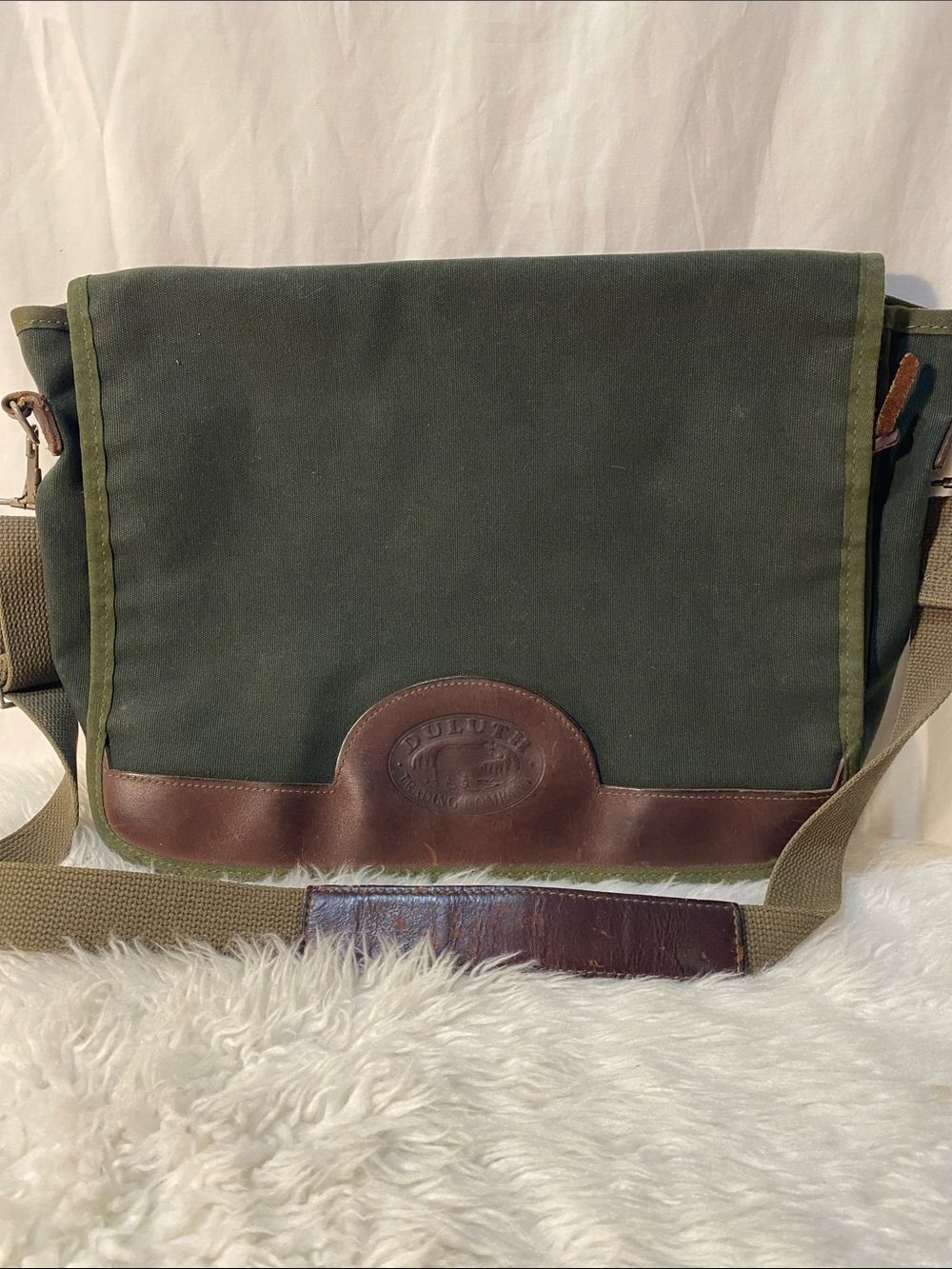 Duluth Trading Co Dark Green Canvas Messenger Bag with Brown Leather Trim